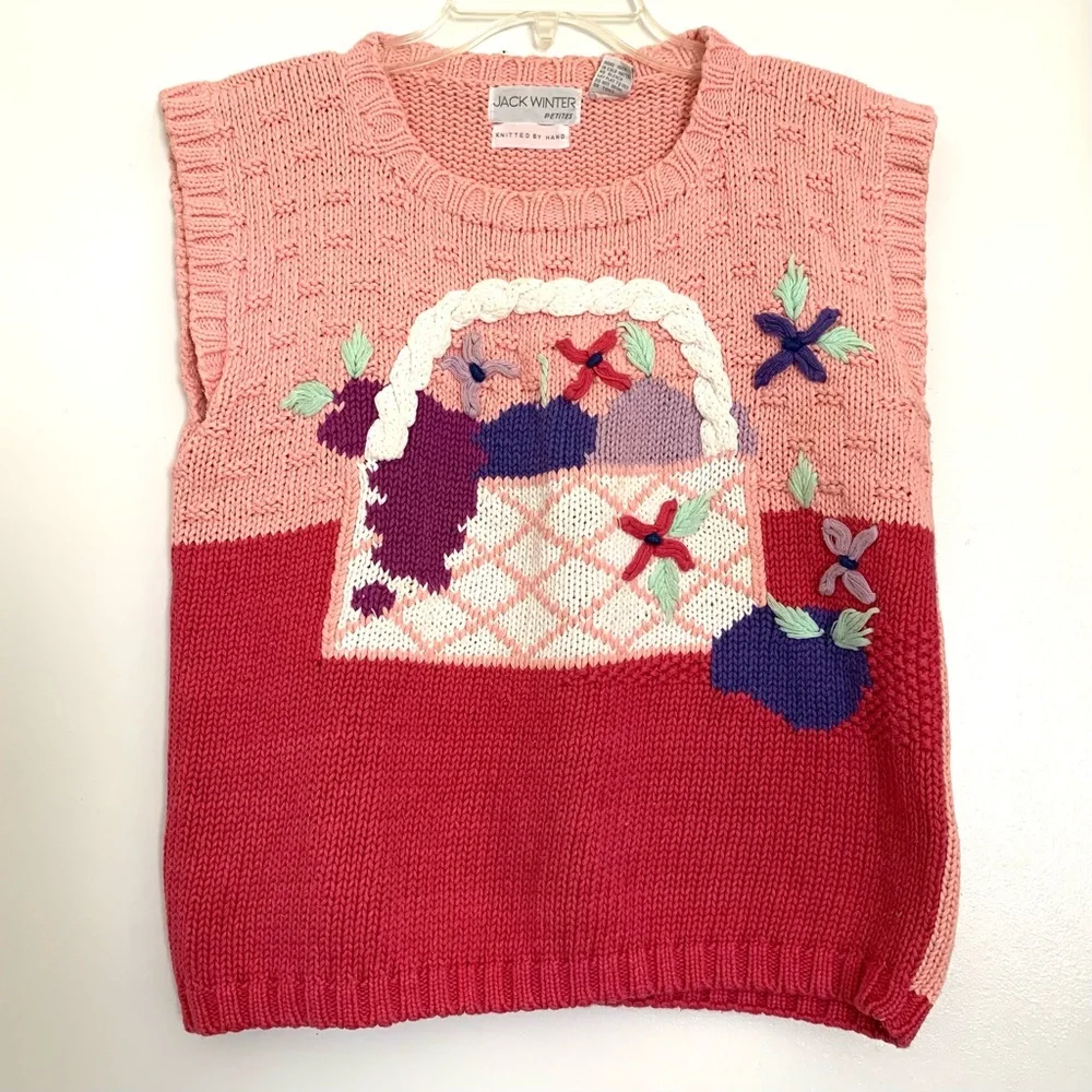 Vintage Sweater Jack Winter Hand Knit Easter Fruit Basket Sz Medium Petite Pink - Picture 2 of 12